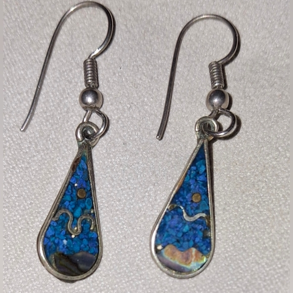 Vintage Mexico silver Teardrop Inlaid Turquoise hook earrings mexico Alpaca - Picture 4 of 8